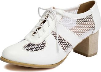 Generic Womens Lace Mesh Stacked Chunky Heel Wingtips Oxfords Round Toe Lace Up Pumps Shoes Work Office Casual Loafers (5.5,White)