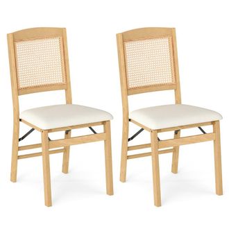 Costway Costway 2PCS Folding Dining Chairs Rubber Wood Chairs w/ Linen Padded Seat in Natural