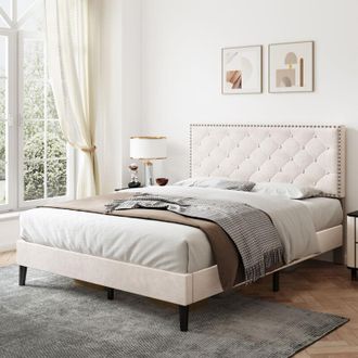 C&A Double Velvet Bed Frame with Adjustable Tufted Headboard,Solid Wood Slats,Beige