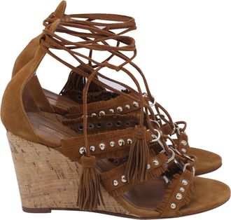 Aquazzura Tassel Accents Wedge Sandals in Brown Suede
