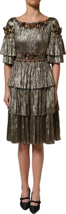 Dolce & Gabbana Womens Metallic Gold Embellished Tiered Midi Dress