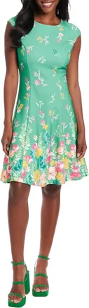 London Times Cap Sleeve Fit And Flare Dress In Green Yellow