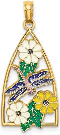Diamond2Deal 14k Yellow Gold Enamel Dragonfly Flowers Triangle Charm