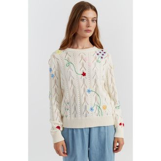 Chinti and Parker Hand-Embroidered Floral Cotton Sweater in Cream at Nordstrom, Size X-Large