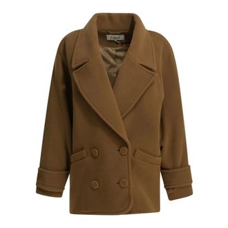 Chlo&eacute; Korte double-breasted mantel van visgraatwol - Dames - Mantels - Bruin - Maat: S Wol