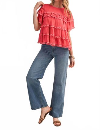 Merci Tiered Ruffle Lace Trim Swing Top In Coral Orange