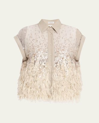 Brunello Cucinelli Sequin & Feather Silk Chiffon Blouse