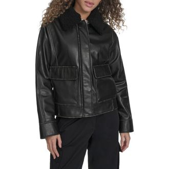Levi's Faux Leather Aviator Jacket with High Pile Fleece Collar in Black/Black at Nordstrom Rack, Size X-Large