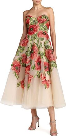Mac Duggal Embroidered Mesh Strapless A Line Midi Dress in Nude Multi at Nordstrom, Size 10