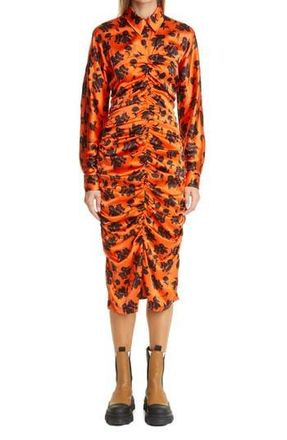 Ganni Floral Print Ruched Long Sleeve Stretch Silk Satin Dress in Flame at Nordstrom Rack, Size 4 Us / 36 Eu