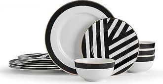 Mikasa Luxe Deco Vajilla De Porcelana De 12 Piezas, Servicio Para 4 Con Impresi&oacute;n Geom&eacute;trica, 4x Platos Llanos, 4x Platos De Postre & 4x Tazones - Apto Para 