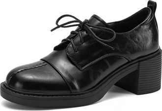 Generic Womens Lace Up Oxford Shoes Round Toe Textured Upper Platform Sole Chunky Block Heel Pull Tab Closed Toe Lightweight Comfortable Durable,Black,7.5 UK