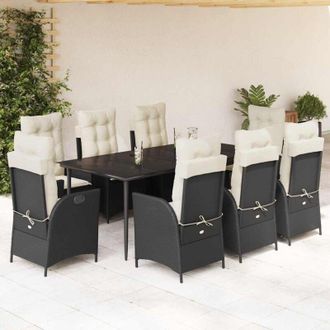 vidaXL Set De Comedor De Jard&iacute;n 9 Pzas Y Cojines Rat&aacute;n Sint&eacute;tico Negro Vidaxl