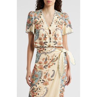 Farm Rio Boho Beauty Scallop Edge Linen Top in Boho Beauty Butter at Nordstrom, Size X-Large