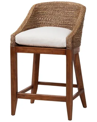 Baxton Studio Jasper Seagrass Counter Stool With Mahogany Wood Frame