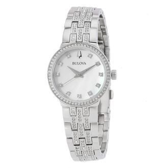 Bulova Quartz Crystal White Mother of Pearl Dial Ladies Watch and Necklace Set 96X163