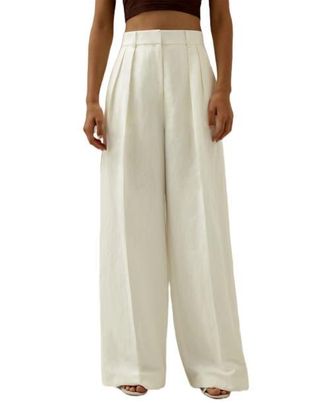 LilySilk Front-Pleated Silk-Linen Blend Trousers in Natural White at Nordstrom, Size 12