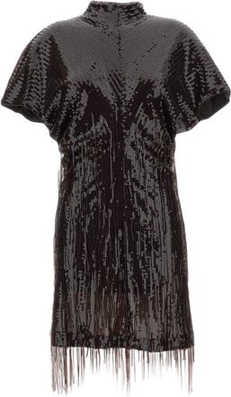 Federica Tosi Brown Sequin Fringe High-Neck Mini Dress