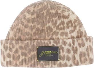 Ganni Womens A6658-943 Graphic Leopard Wool Beanie Brown