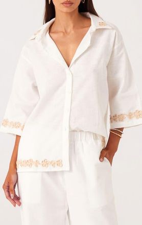 SNDYS Ines 2.0 Embroidered Trim Linen & Cotton Blend Button-Up Shirt in White at Nordstrom, Size X-Small
