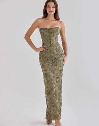 House of CB Anisa - Vestito lungo senza spalline color oliva con perline applicate a mano - edizione limitata-Verde
