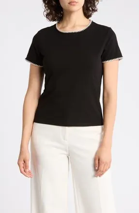 T Tahari Short Sleeve Shell Stitched T-Shirt in Black/Ivory Stitching at Nordstrom Rack, Size X-Small