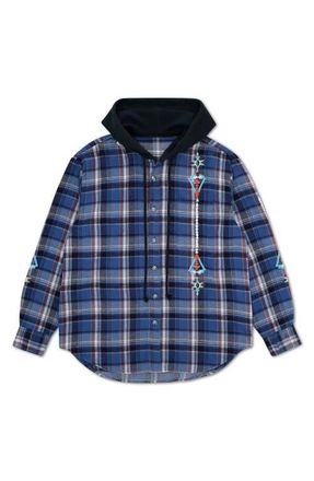 Fortela Embroidered Hooded Plaid Shirt in Blue at Nordstrom, Size 40 Eu