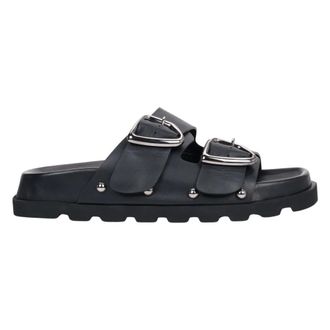 Estro & Luminara Sliders, female, Black, Size: 7 US Leather Slides with Buckle and Studs