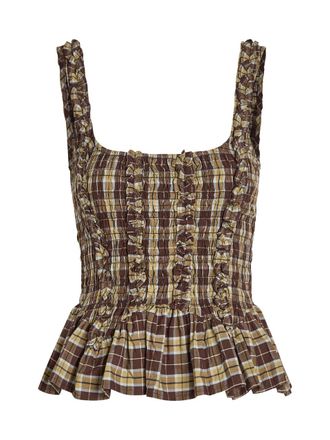 Damson Madder Raphi Checked Shirred Cotton-poplin Cami top - Multicoloured - 12 (UK12 / M)