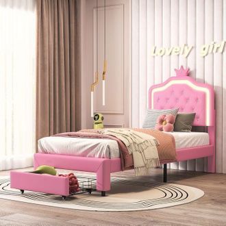 OEM Cama Infantil 90x200 Cm Crown Con Led Regulable, Cajones Integrados Y Somier De Lamas - Rosa