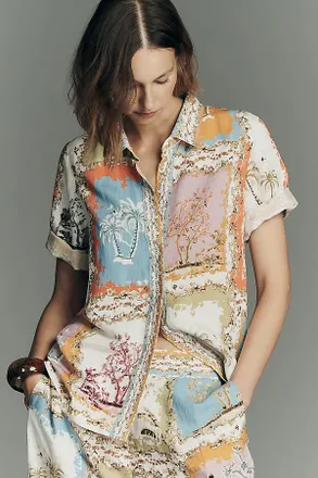 Ranna Gill Tropical Print Linen Collared Blouse