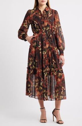 Julia Jordan Floral Long Sleeve Tiered Chiffon Shirtdress in Brown Multi at Nordstrom Rack, Size X-Small