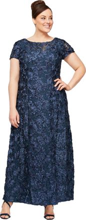 Alex Evenings Womens Long Rosette Mother of The Bride Dress with Short Sleeves, Formal Gown, Wedding Guest, Navy, 24