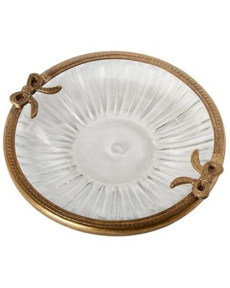 Two's Company Antique Finish Round Glass Trinket Tray With Bow Accent