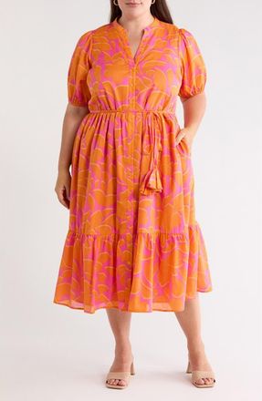 Sugarlips Bracha Floral Print Puff Sleeve Dress in Orange Fuchsia at Nordstrom, Size 3X