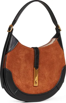 Polo Ralph Lauren Womens Shoulder Hobo Bag Toffee-Black Brown Calf Leather