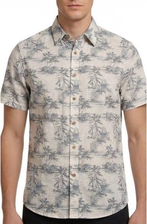 Report Collection Beach Print Short Sleeve Linen & Cotton Blend Button-Up Shirt in Grey at Nordstrom Rack, Size Xx-Large