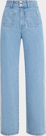 Veronica Beard Taylor Embroidered Patch-Pocket Straight-Leg Jeans