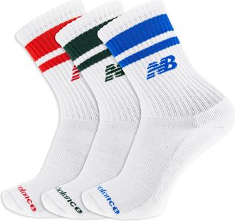 New Balance Organic Cotton Crew Socks-3 Pairs-Arch Support Sport Essentials SOC, White Assorted Stripe, Large