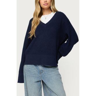 Edikted Bluebell Oversize V-Neck Waffle Knit Sweater in Navy at Nordstrom, Size X-Small
