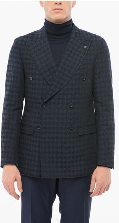 Corneliani Houndstooth Motif Linen Blend Double Breasted Blazer size 52