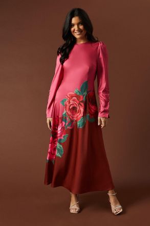 Oasis Womens Premium Satin Placement Print Button Detail Maxi Dress - Pink material_polyester - Size 14 UK