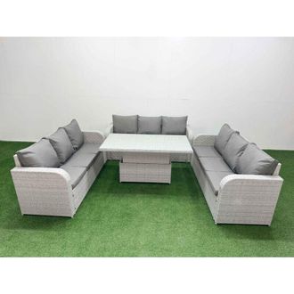 Fimous Pe Rattan Lounge Sofa Set 9 Seater Outdoor Garden Furniture Set with Adjustable Lifting Dining or Coffee Table 3 Seater Sofa Side Table Light Grey