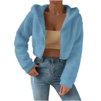 Generic Womens Winter Fluffy Short Jacket Fashion Casual Zipper Furry Ladies Full Zip Hooded Fleece Jackets Loose Fit Cardigan Winter Thermal Windbreaker Y2K 