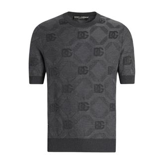 Dolce & Gabbana Round-neck Knitwear, male, Gray, Size: 3XL Silk Round-Neck Sweater with Jacquard Logo