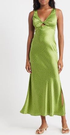 Topshop Polka Dot Twist Front Satin Midi Dress in Mid Green at Nordstrom Rack, Size 4 Us (Fits Like 0-2)