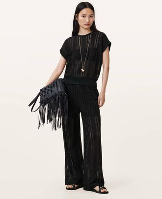 AllSaints Cotton Giana Crochet Ladder Wide Leg Trousers, Size: XS