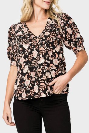 Gibsonlook Puff Sleeve V-Neck Blouse In Black Blush Floral