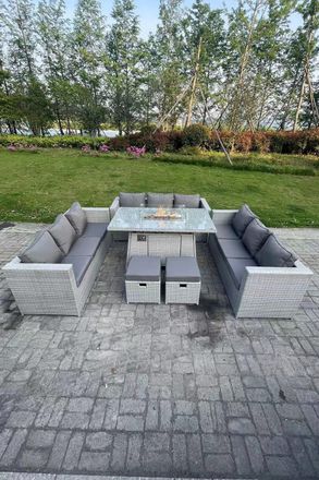 Fimous Light Grey U Shape Lounge Sofa Dining Set With Gas Heater Fire pit Burner 2 PC Small Footstool