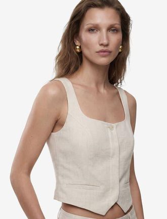 Koton Linen Blend Square Collar Crop Vest in Beige at Nordstrom, Size 10
